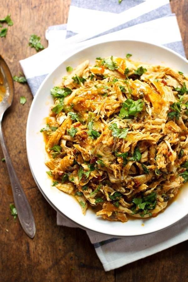 Spicy Chipotle Shredded Chicken on a white plate.