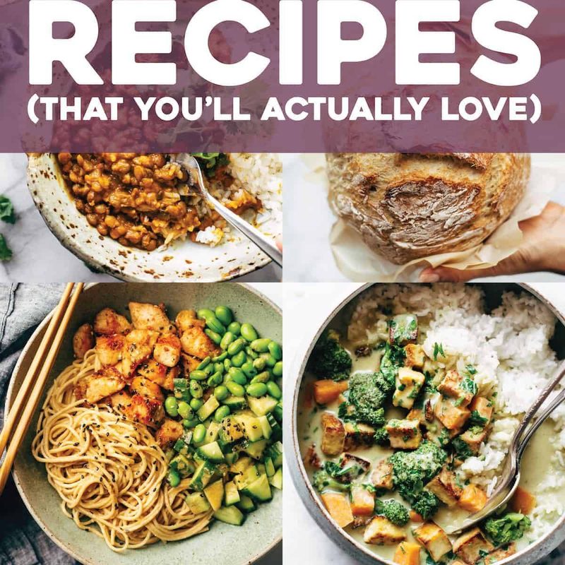 Eight finished dishes of food illustrate pantry recipes.