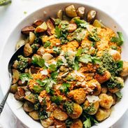 A picture of Mini Chicken Meatballs with Crispy Potatoes and Romesco