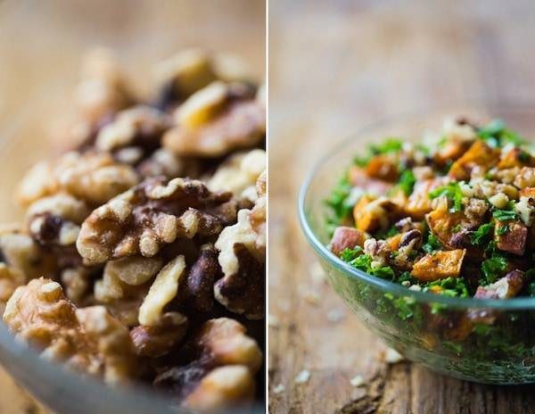This Roasted Sweet Potato Salad has a handful of shredded kale, candied walnuts, and the best creamy almond dressing. Yum! | pinchofyum.com This Roasted Sweet Potato Salad has a handful of shredded kale, candied walnuts, and the best creamy almond dressing. Yum! | pinchofyum.com